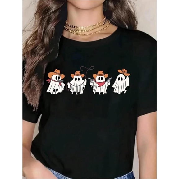 Halloween Cowboy T-Shirt Western Ghost Graphic Tee Season Top Short Sleeve Round Neck Black S-5XL