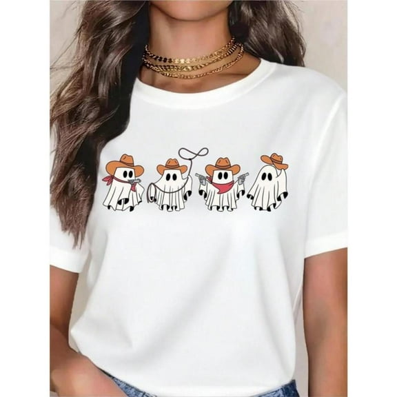 Halloween Cowboy T-Shirt Western Ghost Graphic Tee Season Top Short Sleeve Round Neck White S-5XL