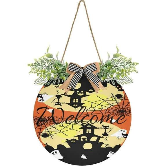Halloween Cowebs Welcome Sign Front Door Round Wall Door Sign with Flowers Hanging Sign for Entryway Front Porch Hallway Yard Garden Home Decor