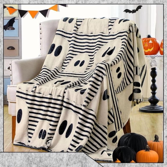 Halloween Cozy Blanket Beautiful Country Ghost Flannel Throw, Scary Farm Blanket, Striped Soft Blanket, Sofa Vintage Decor Gift