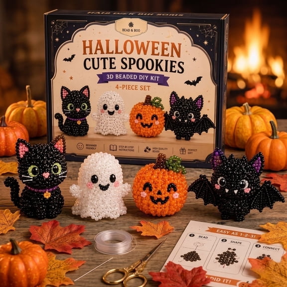 Halloween Craft, Halloween Diy Bead Kit, 3D Cute Bead Craft Set, Handmade Jewelry Art Craft Kit for Adults and Teens, Complete All-In-One Craft Beads Set with Colorful Plastic