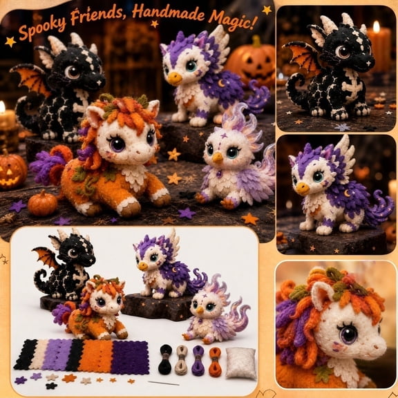 Halloween Craft Kit, Halloween Plushie Set, Diy Plush Toys Kit, Fantasy Creature Sewing, 4-Piece 7X7 Inch Animal Monster Friends Sewing Set with Fabric, Yarns, Tools and