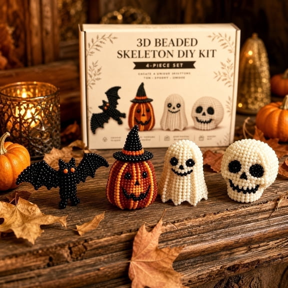 Halloween Crafts, Halloween Arts and Crafts, Beading Supplies, Arts and Crafts Kit, 8X5 Inch Diy Halloween Beaded Material Set with 4 Spooky 3D Figure Patterns, Colorful Beads and