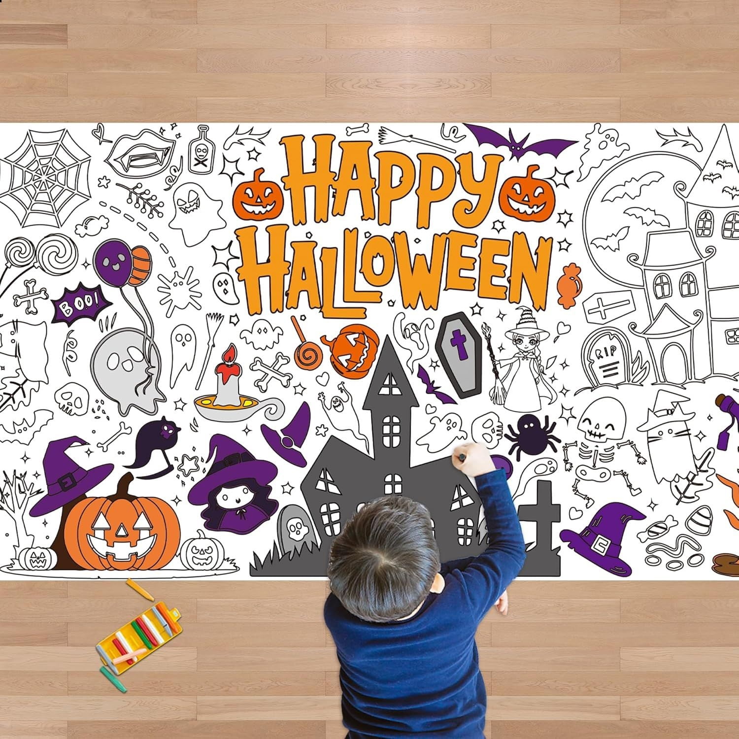 Halloween Crafts for Kids, Giant Coloring Tablecloth/Poster, Halloween Party Decorations Favors Supplies for Kids Gifts Activities Games Toys Banner