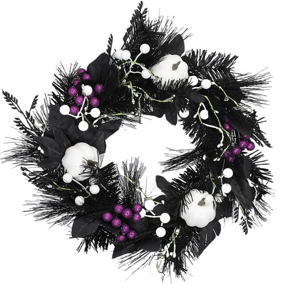 15.7 Inch Halloween Wreaths with White Pumpkin, Black Wreaths for Front Door, Halloween Decoration for Indoor Outdoor Wall Window Porch Patio Garden