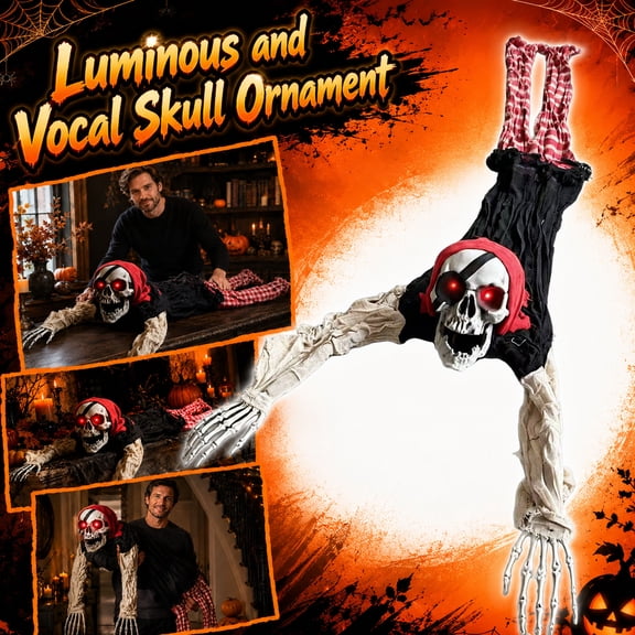 Halloween Crawling Pirate Skeleton Decor, Motion Sensor Creepy Climbing Pirate Skull Prop with LED Light and Sound Effect, Halloween Groundbreaker Decoration for Lawn, Yard, Patio, Haunted House