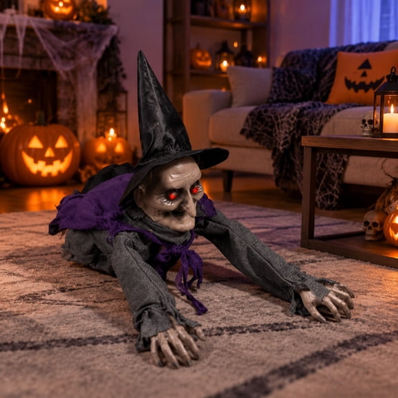 Halloween Crawling Witch Prop Spooky Motion Activated Witch Decoration with Light Up Red Eyes Animatronic Moving Witch Doll for Indoor Outdoor Haunted House Yard Party