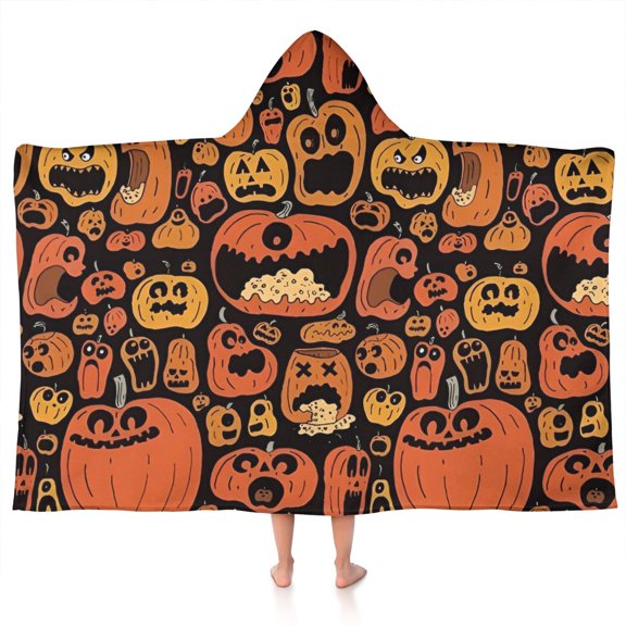 Halloween Crazy Pumpkins Pattern Hooded Bath Towel,50"x30" for Ages 3 To 12 Kids, Quick Dry Lightweight Soft Microfiber Hood Beach Towel Cover Up for Kids