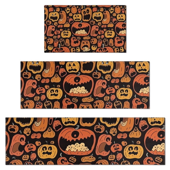 Halloween Crazy Pumpkins Pattern Kitchen Rugs Sets Of 3,Kitchen Runner Rugs Non Skid Washable,Decorative Kitchen Floor Mats for Kitchen,Sink,Laundry,17"x30"+ 17"x47" + 17"x59"