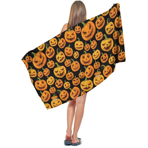 Halloween Crazy Pumpkins Pattern Microfiber Bath Towel, Double Terry Body Towel, Soft Absorbent Gifts for Bathroom Beach Gym,27.5" X 55"