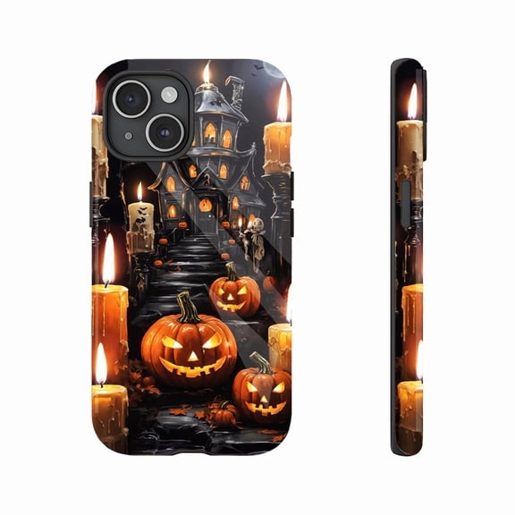 Halloween Creepy Chic Smartphone Case for Teens Adults Pumpkin Candle Ghost House Design Shockproof Flexible TPU Cover Compatible with iPhone 11/12/13/14/15/16 Pro Max Plus
