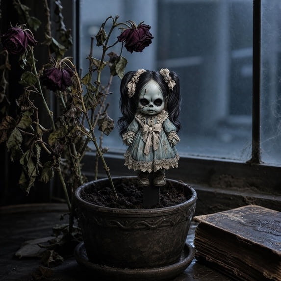 Halloween Creepy Doll Garden Stake Waterproof Decorations Halloween Scary Props Vintage Gothic Dresses for Indoor Outdoor Halloween Party Porch Yard Decor for Horror Fans