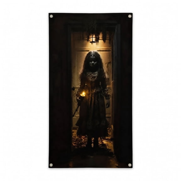 Halloween Creepy Ghost Girl Door Cover Banner, Spooky Candle‑Holding Specter Hanging Backdrop for Front Door Porch Wall Haunted House Halloween Party Decor