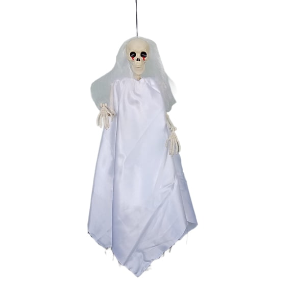 Halloween Creepy Hanging Skeleton Bride Decoration, Halloween Props with Tattered Dress for Porch, Yard and Haunted House As Shown