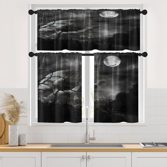 Halloween Creepy Human Skull Kitchen Curtains Horror Black All Saints'' Day Window Curtains Valance and Tier Set 36 Inch Rod Pocket Short Tier Curtain for Room, Cafe Kitchen Decor