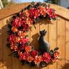 Halloween Crescent Floral Wreath Gothic Front Door Decor Hanging Ornament, Autumn Rose Hydrangea Black Leaf Vintage Style Door Wall Decoration for Porch Entry Home Party Halloween Seasonal Display