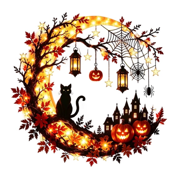 Halloween Crescent Moon Lighted Wall Decor, Warm LED Light Maple Leaf Halloween Wreath, Hanging Halloween Decor for Living Room Fireplace Window Display