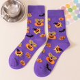 thumbnail image 1 of Halloween Crew Socks Cotton Blend Mid Calf Novelty Socks For Women And Men Autumn Winter Printed Casual Daily Wear Purple Pumpkin Bat Pattern Funny Costume Accessory (f), 1 of 3