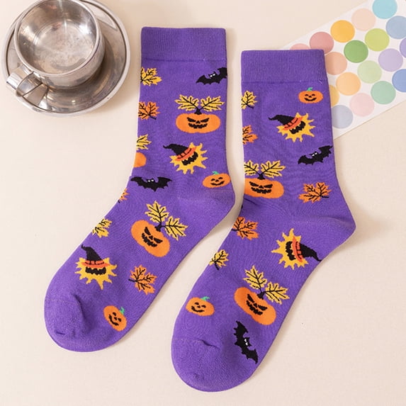Halloween Crew Socks Cotton Blend Mid Calf Novelty Socks For Women And Men Autumn Winter Printed Casual Daily Wear Purple Pumpkin Bat Pattern Funny Costume Accessory (f)