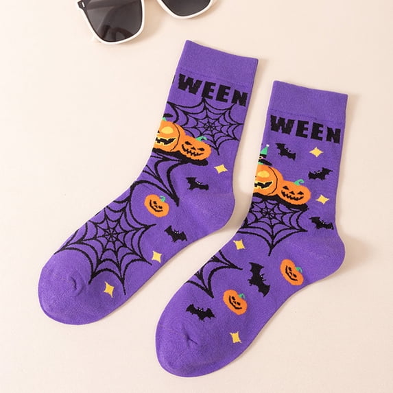 Halloween Crew Socks Cotton Blend Mid Calf Novelty Socks For Women And Men Autumn Winter Printed Casual Daily Wear Purple Witch Hat Bat Spider Web Graphic Funny Costume Party Gift (d)