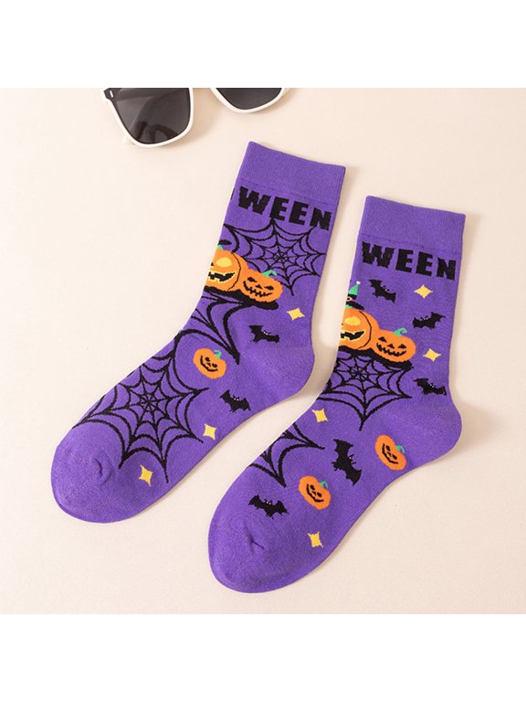 Halloween Crew Socks Cotton Blend Mid Calf Novelty Socks For Women And Men Autumn Winter Printed Casual Daily Wear Purple Witch Hat Bat Spider Web Graphic Funny Costume Party Gift (d)
