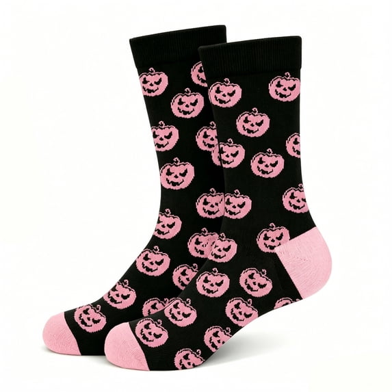 Halloween Crew Socks for Women Men, Black Mid Calf Novelty Knit Socks with Pink Pumpkin Pattern, Soft Stretchy Ribbed Cuff, Fun Fall Accessories for Adult Daily Wear, 2 pairs