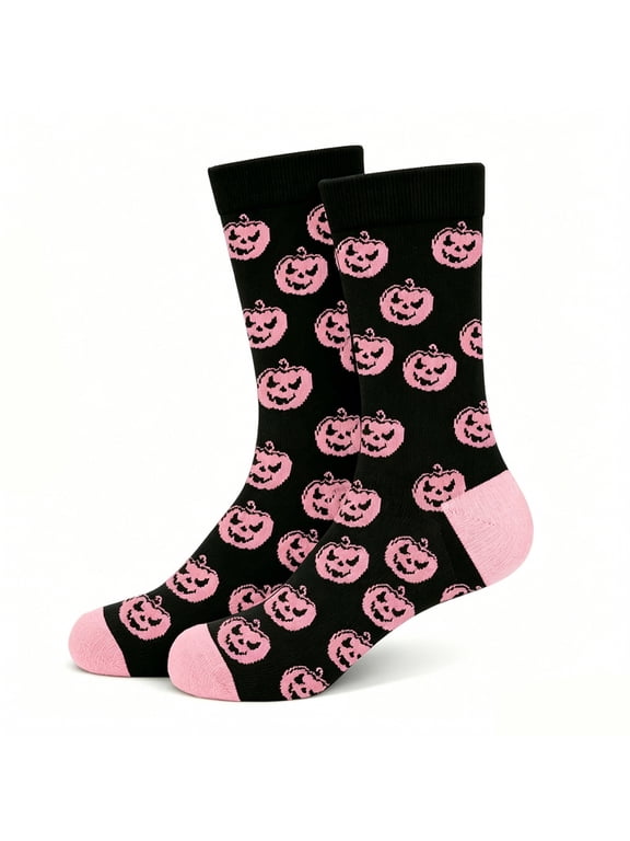 Halloween Crew Socks Women Men, Black Pink Pumpkin Bat Ghost Novelty Mid Calf Knit Socks, Soft Ribbed Cuff Fun Spooky Fall Accessories Gift