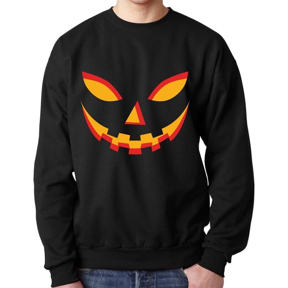 Halloween Crewneck Sweatshirt of Durable 50/50 Cotton/Poly - Scary Pumpkin Jack O Lantern Face on Black Fleece Pullover Unisex Size S, 8 oz