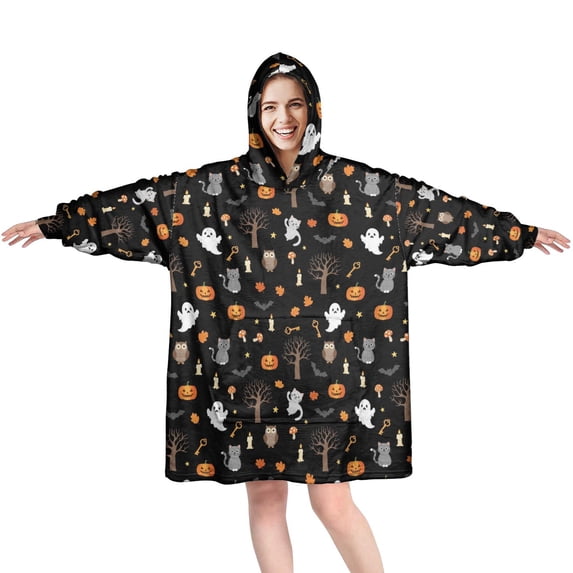 Halloween Critter Night Black Wearable Blanket Hoodie, Flannel Oversized Wearable Blanket with Sleeves & with Sleeves & Pockets, Comfort Gifts Ideas for Adult Men Women