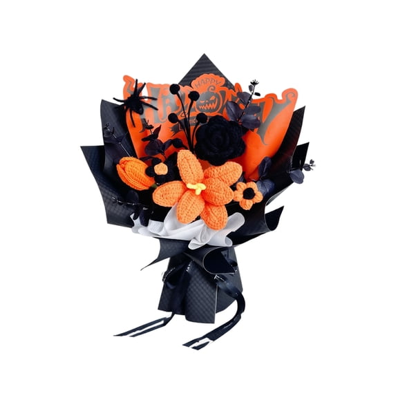 Halloween Crochet Flower Bouquet, Handmade Knitted Artificial Floral with Spider Pumpkin Rose Tulip Sunflower, 1 Piece Finished everlasting yarn bouquet, Halloween Party Table Home Decor Holiday Gift