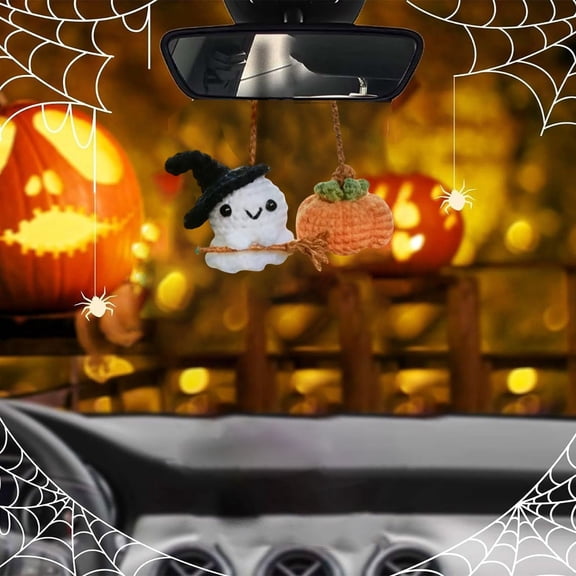 Halloween Crochet Ghost Pumpkin Car Hanging Ornament Handmade Rearview Mirror Charm for Vehicle Interior Decor