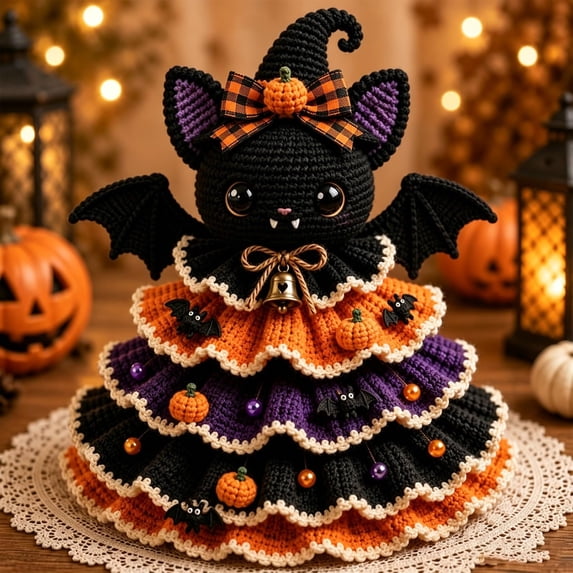 Halloween Crochet Tabletop Decor DIY Kit, Bat Character Tree Craft for Adults, Handmade Holiday Home Decor, 6.69 in