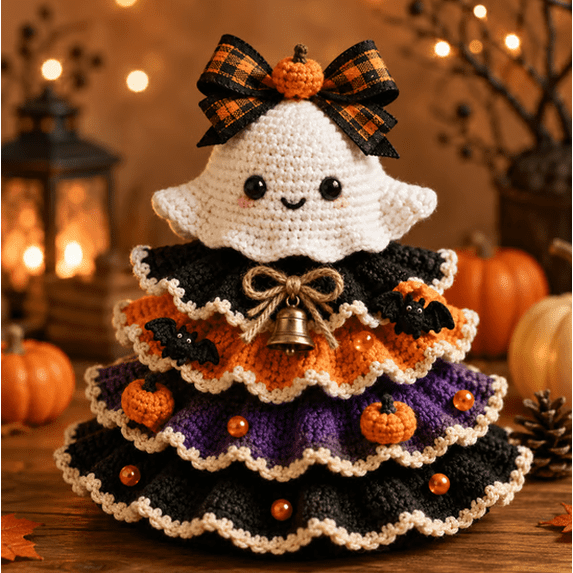 Halloween Crochet Tabletop Decor DIY Kit – Complete Yarn Craft Set with Pumpkin Bat Accents, Stitch Spooky Characters for Mantel Shelf, Gift for Crochet Lovers,Ghost