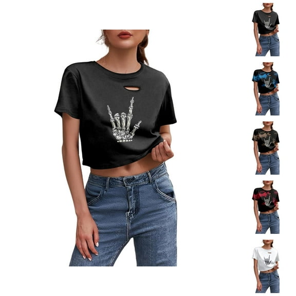 Halloween Cropped Tshirts Women 2025 Skeleton Graphic Short Sleeve Crewneck Distressed Halloween Shirts for Women