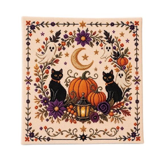 Halloween Cross Kit DIY Embroidery Needlework Set with Printed Fabric Needles Thread and Pattern for Adults Beginners