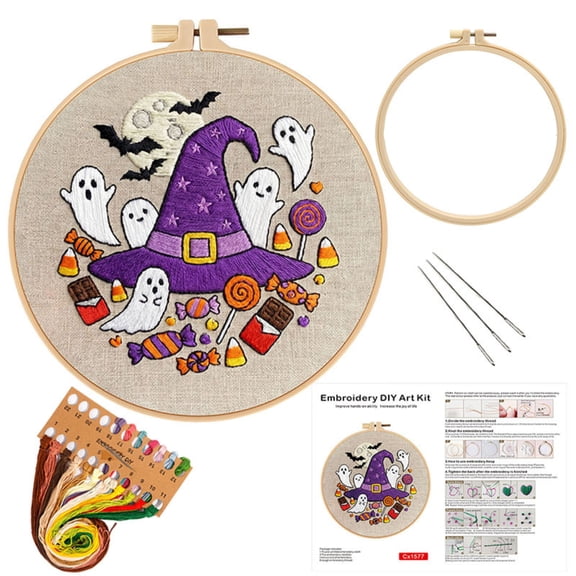 Halloween Cross Stitch Kit for Beginners, DIY Embroidery Set with Pre-Printed Pattern, Ghost Witch Hat Design, Complete Craft Kit with Hoop Needles Threads, Easy Home Decor Gift