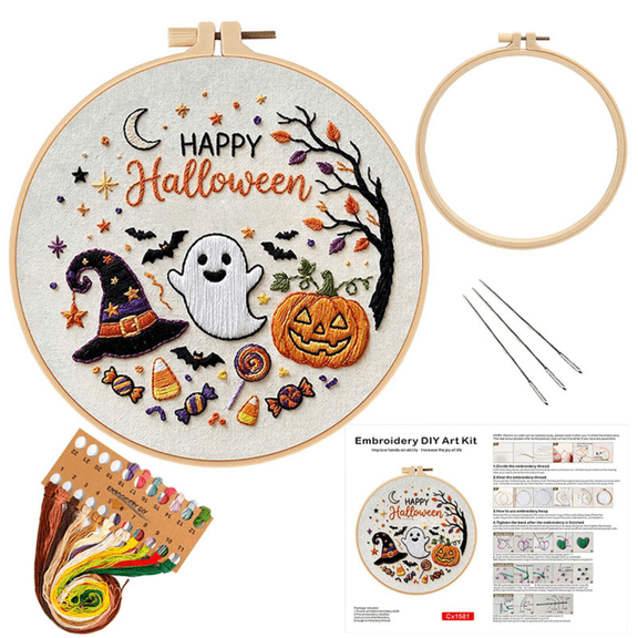 Halloween Cross Stitch Kit, Happy Halloween Embroidery Set with Hoop, DIY Needlepoint Craft for Beginners Adults, Ghost Pumpkin Bat Wall Decor Home Party Polyester
