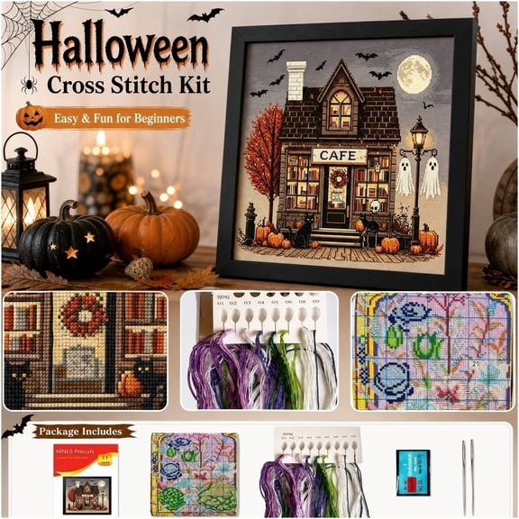 Halloween Cross Stitch Kit for Adults Beginners 15X15 Inch Haunted Cafe Pattern Embroidery Set Black Cat Ghost Pumpkin Fall Home Wall Decor 1 Piece