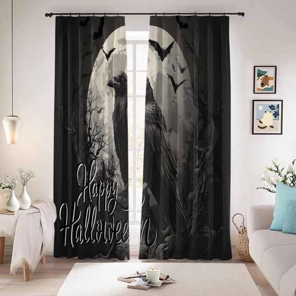 Halloween Crow Blackout Curtains for Bedroom/Living Room, Pinch Pleated Black Out Curtains, Black Grey Bat Full Moon Bare Tree Room Darkening Window Drapes with Hooks 2 Panels, 59"x70"
