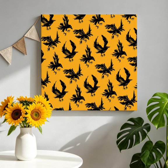 Halloween Crow Canvas Wall Art for Living Room, Black Crow Vintage Yellow Decoration Poster Print Painting for Bedroom Office Home Decoration Wall Pictures Prepare To Hang 8"x8"