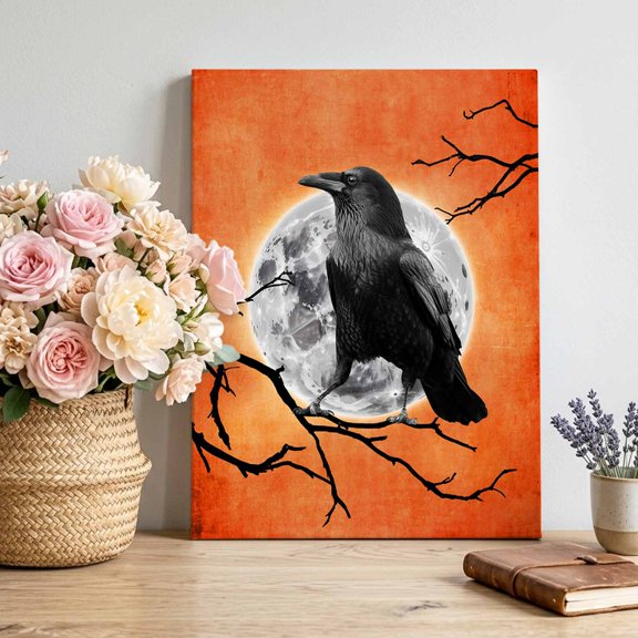 Halloween Crow Canvas Wall Art for Living Room, Classic Moon Branches Orange Retro Art Poster Print Painting for Bedroom Office Home Decoration Wall Pictures Prepare To Hang 8"x10"