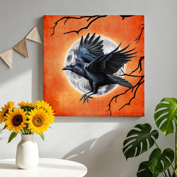 Halloween Crow Canvas Wall Art for Living Room, Moon Branches Retro Art Classic Poster Print Painting for Bedroom Office Home Decoration Wall Pictures Prepare To Hang 8"x8"