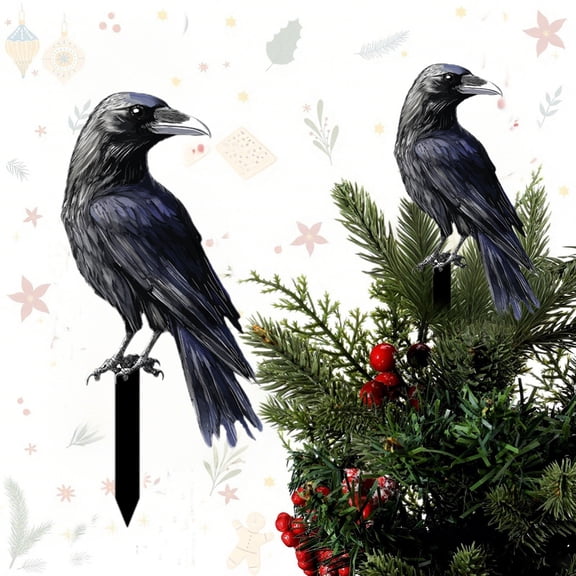 Halloween Crow Decorations - 12 Inch Outdoor Stake for Yard/Tree (Dual-Purpose Christmas & Spooky Season)