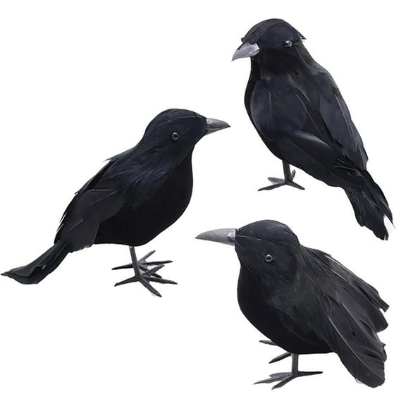 Halloween Crow Decorations 3 Pack, Artificial Black Feather Ravens for Outdoor Indoor Decor, Realistic Handmade Halloween Bird Props for Haunted House Party Scarecrow Display