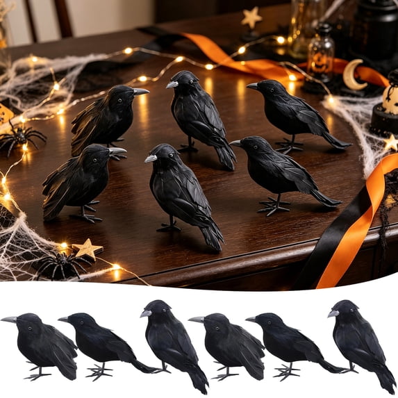 Halloween Crow Decorations 6 Pack Fake Black Crows and Ravens, Handmade Feather Birds, Artificial Raven, Outdoor Indoor Decor (B)