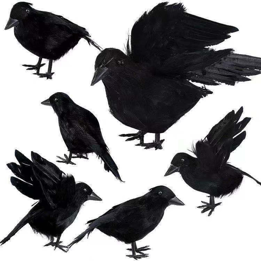 6 Pieces Halloween Realistic Handmade Black Feathered Crow Fly and