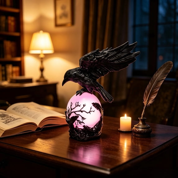 Halloween Crow Desk Lamp, Dark Academia Table Light with Spooky Bird Figurine Base, Mood Lighting for Study Room, Themed Party Prop and Atmospheric Indoor Decoration for Autumn Evenings, D
