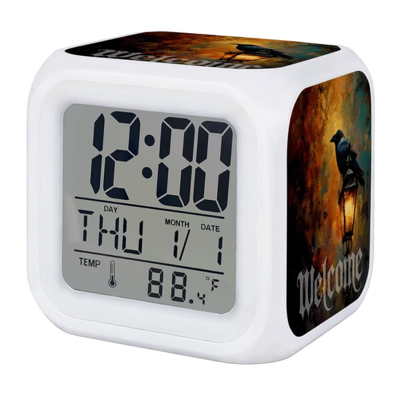 Halloween Crow Digital Alarm Clock for Bedrooms, Smart LED Alarm Clock with 7 Color Changing Night Light, Vintage Animal Orange Black Welcome Silent Wake Up Clocks for Sleep Study Cooking 3.2"x3.2"