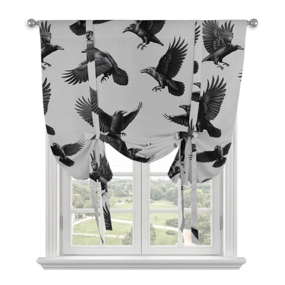 Halloween Crow on Grey Tie Up Curtains,Adjustable Rod Pocket Window Shade Curtain Drape Watercolor Tie-Up Valance for Kitchen Bedroom Living Room Windows,34"x45"