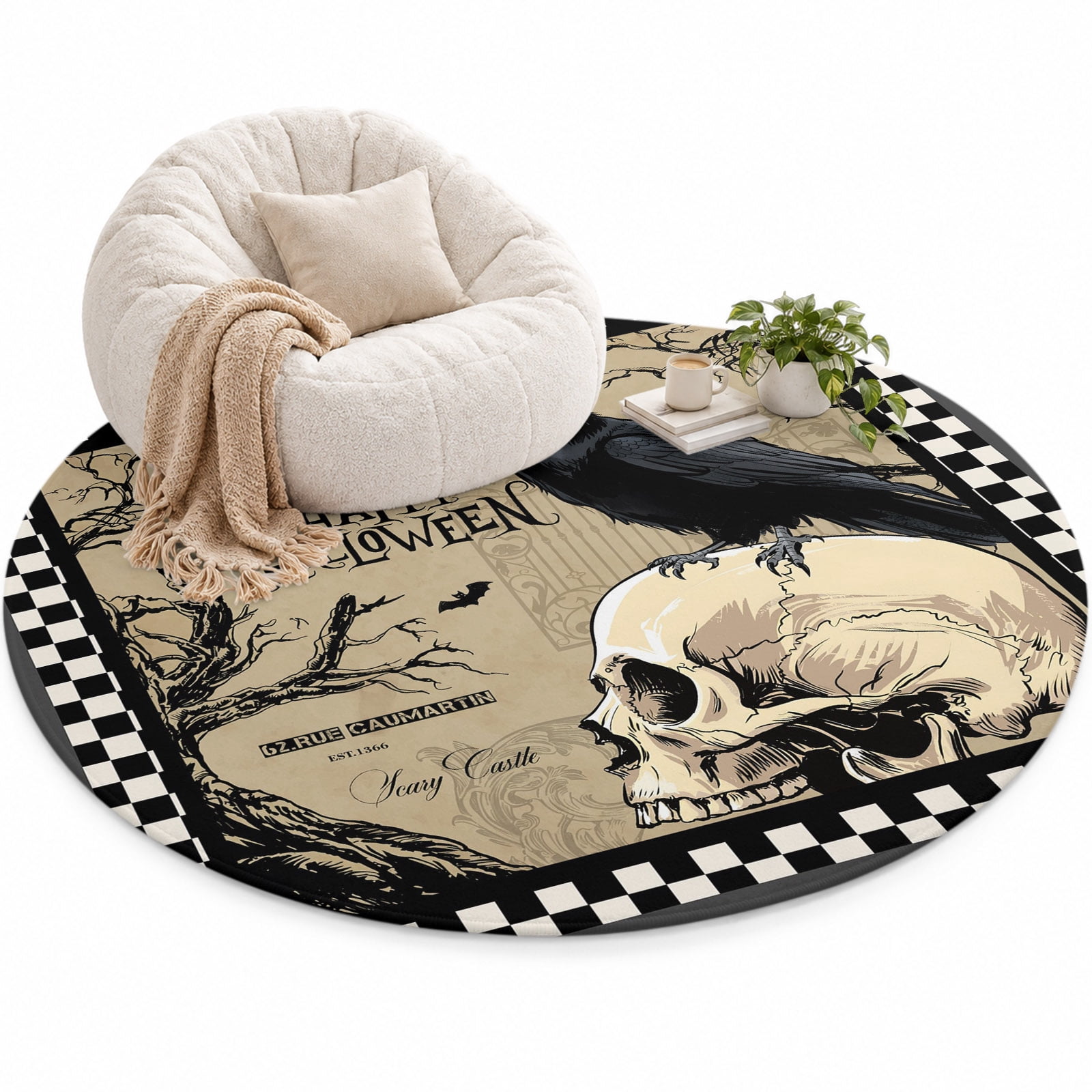 Halloween Crow Head Area Rug 5', Retro Text Plaid Texture Soft Mat Non ...